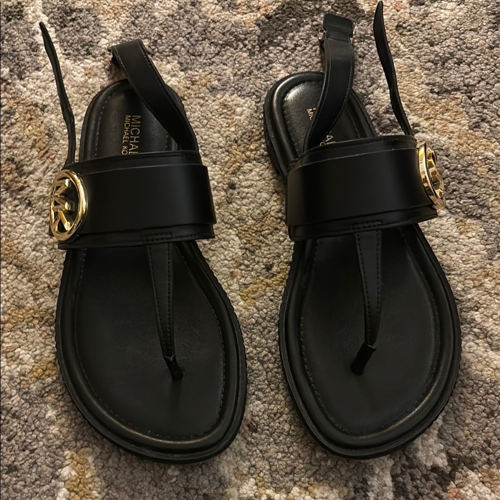 Michael Kors Black Leather Sandals with Gold Accent